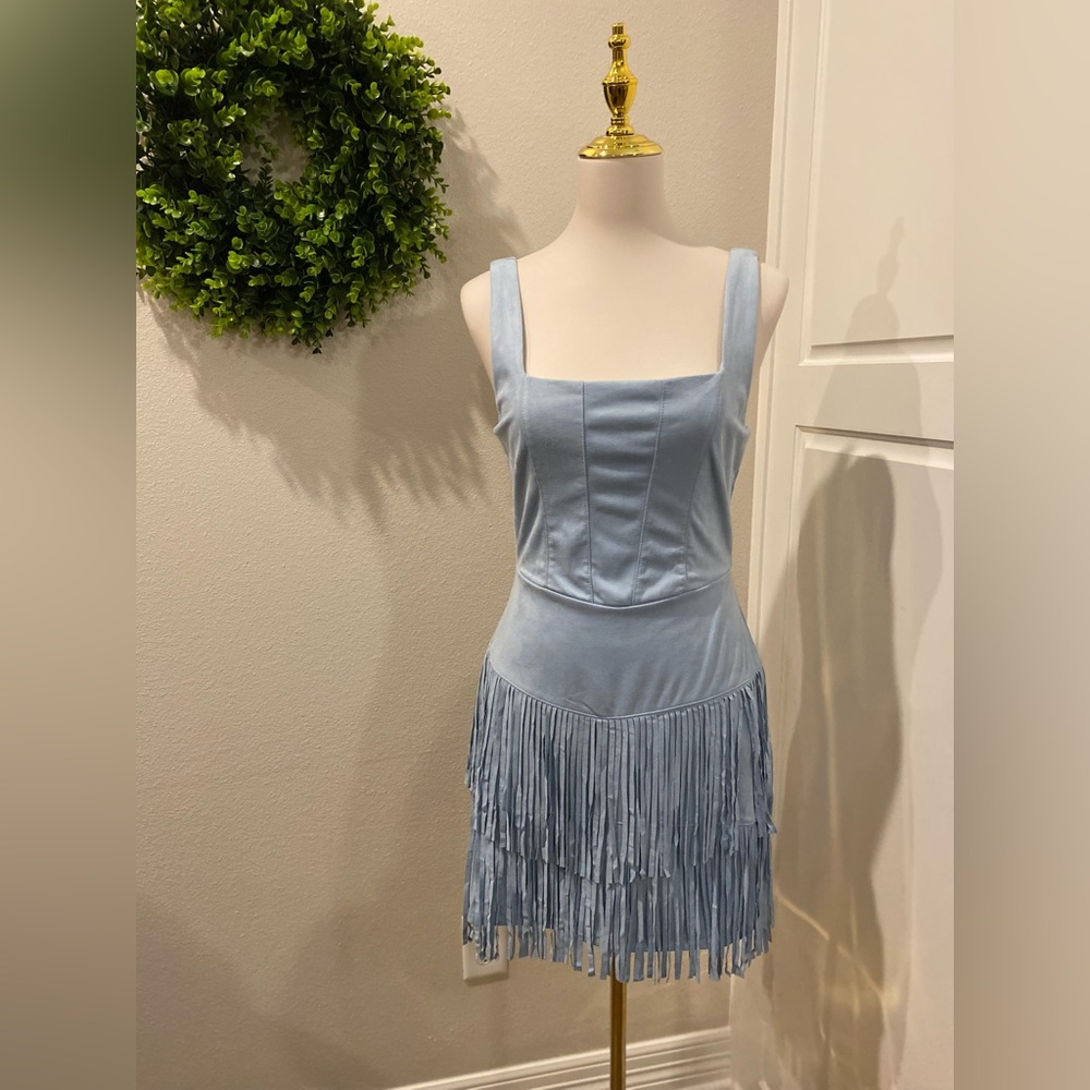 Light Blue Suede Fringe Mini Dress